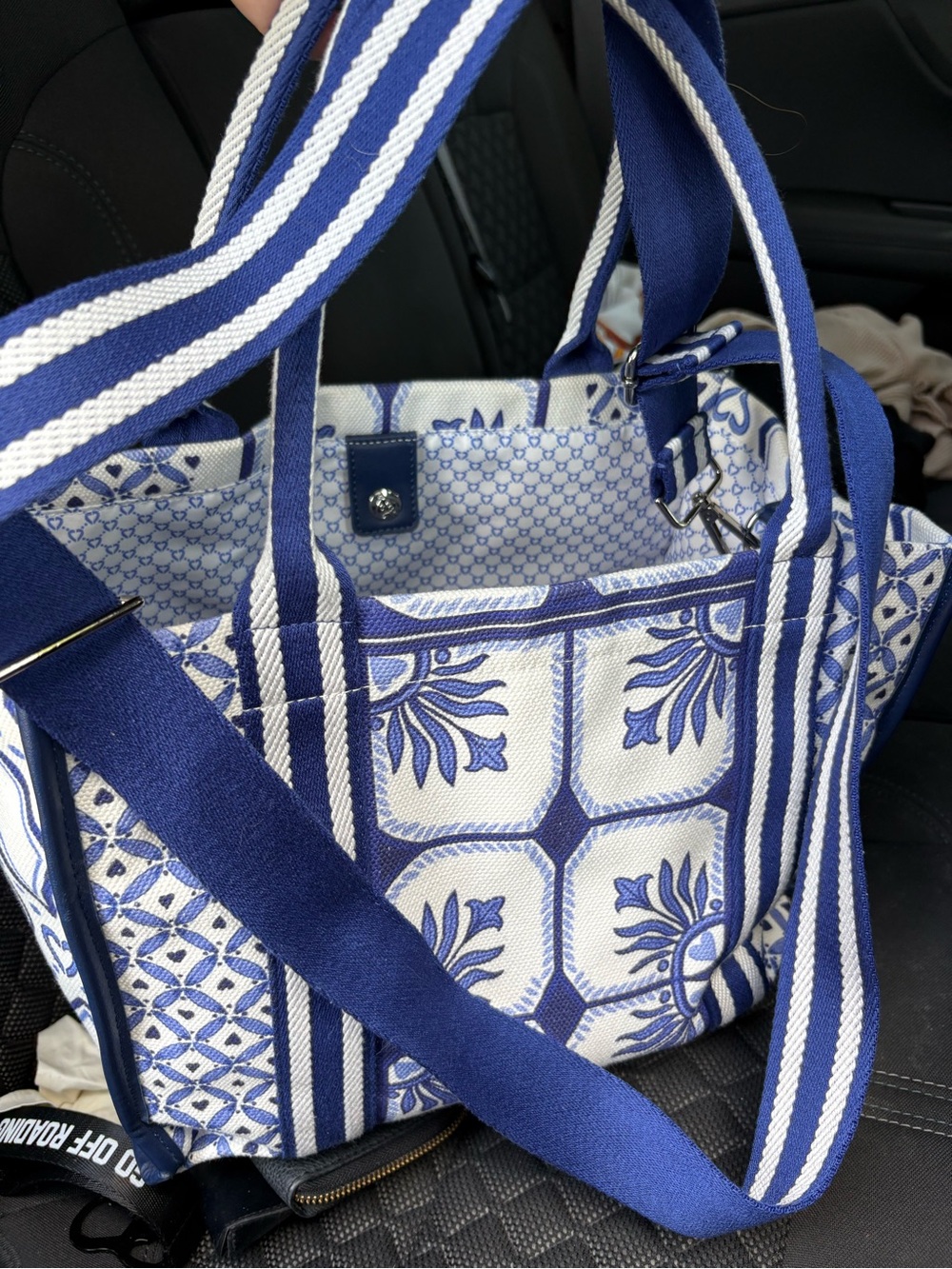 Brighton Blue & White Patterned Tote with Tan Logo Patch - Picture 4 of 5